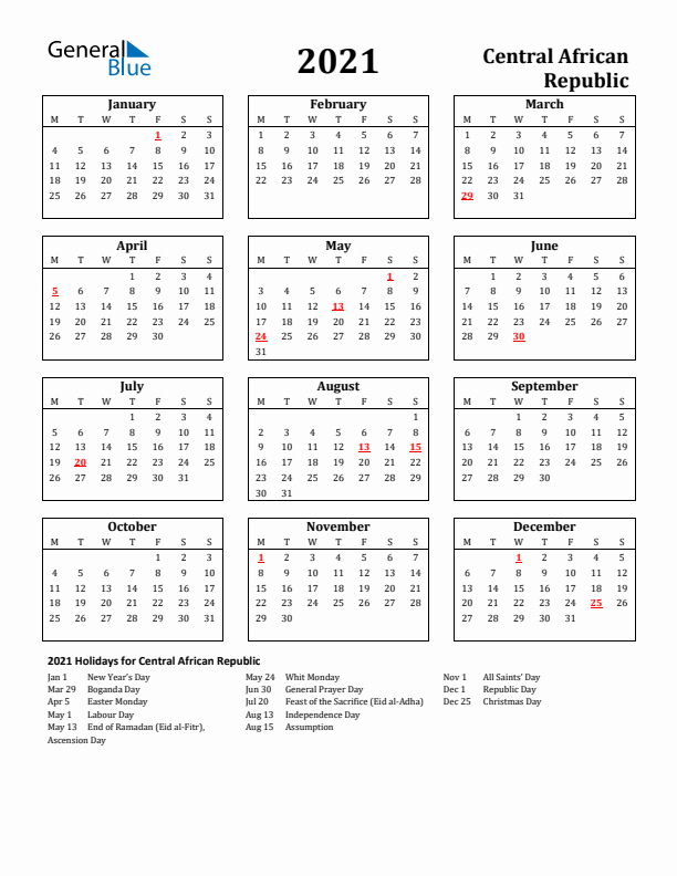 2021 Central African Republic Holiday Calendar - Monday Start