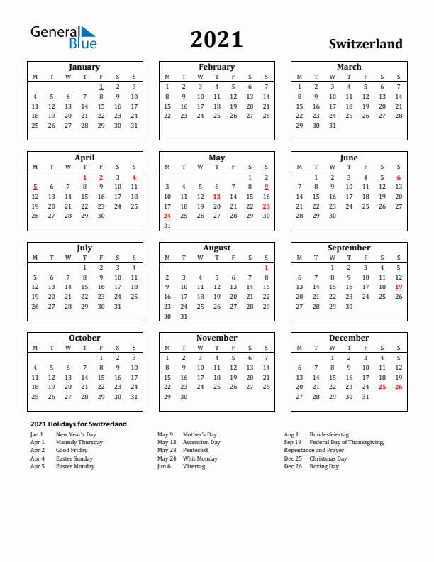 2021 Switzerland Holiday Calendar - Monday Start