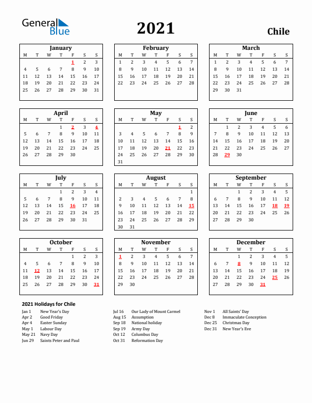 2021 Chile Holiday Calendar - Monday Start