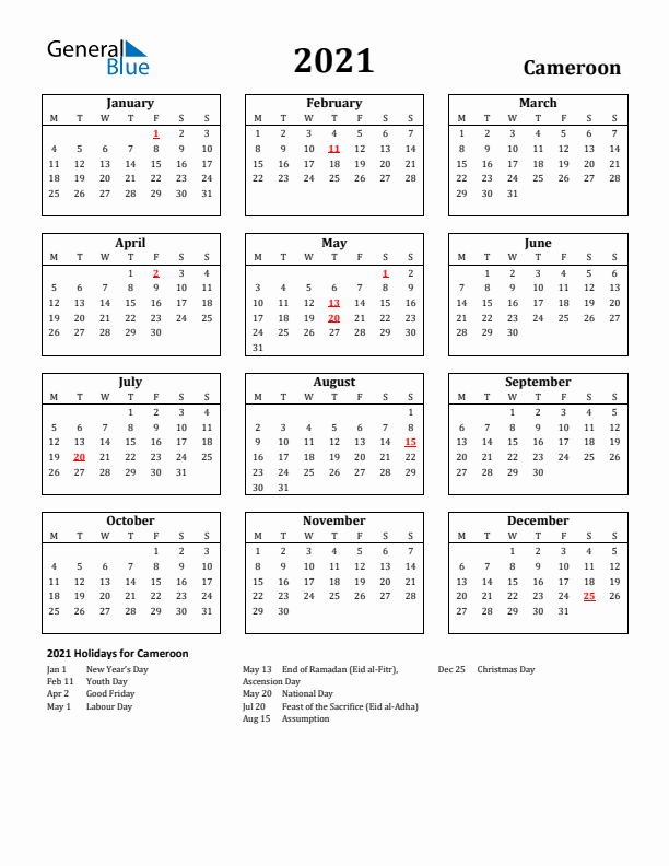 2021 Cameroon Holiday Calendar - Monday Start