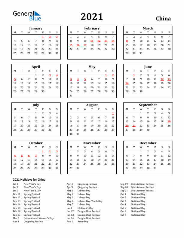 2021 China Holiday Calendar - Monday Start