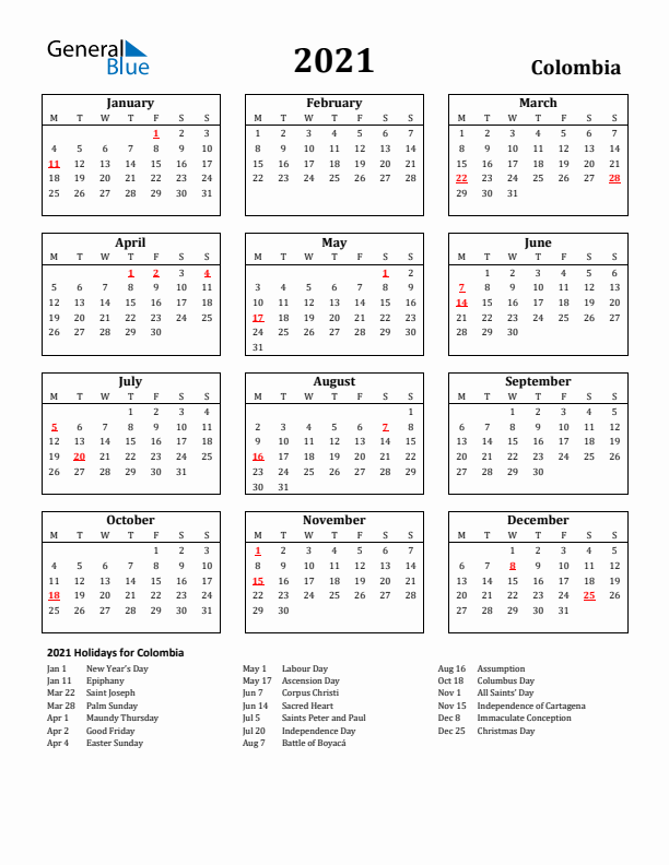 2021 Colombia Holiday Calendar - Monday Start