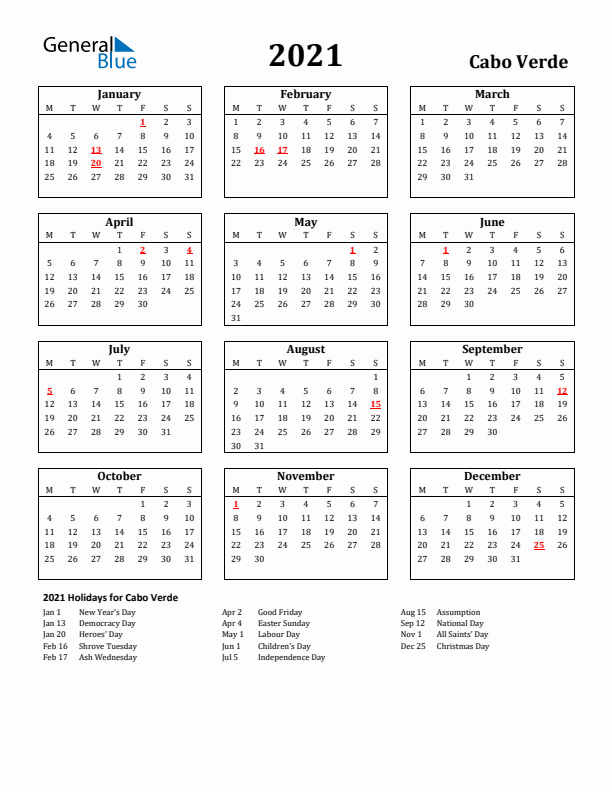 2021 Cabo Verde Holiday Calendar - Monday Start