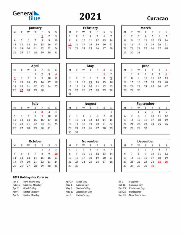 2021 Curacao Holiday Calendar - Monday Start