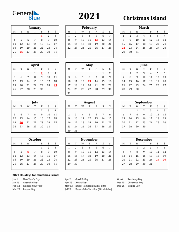 2021 Christmas Island Holiday Calendar - Monday Start