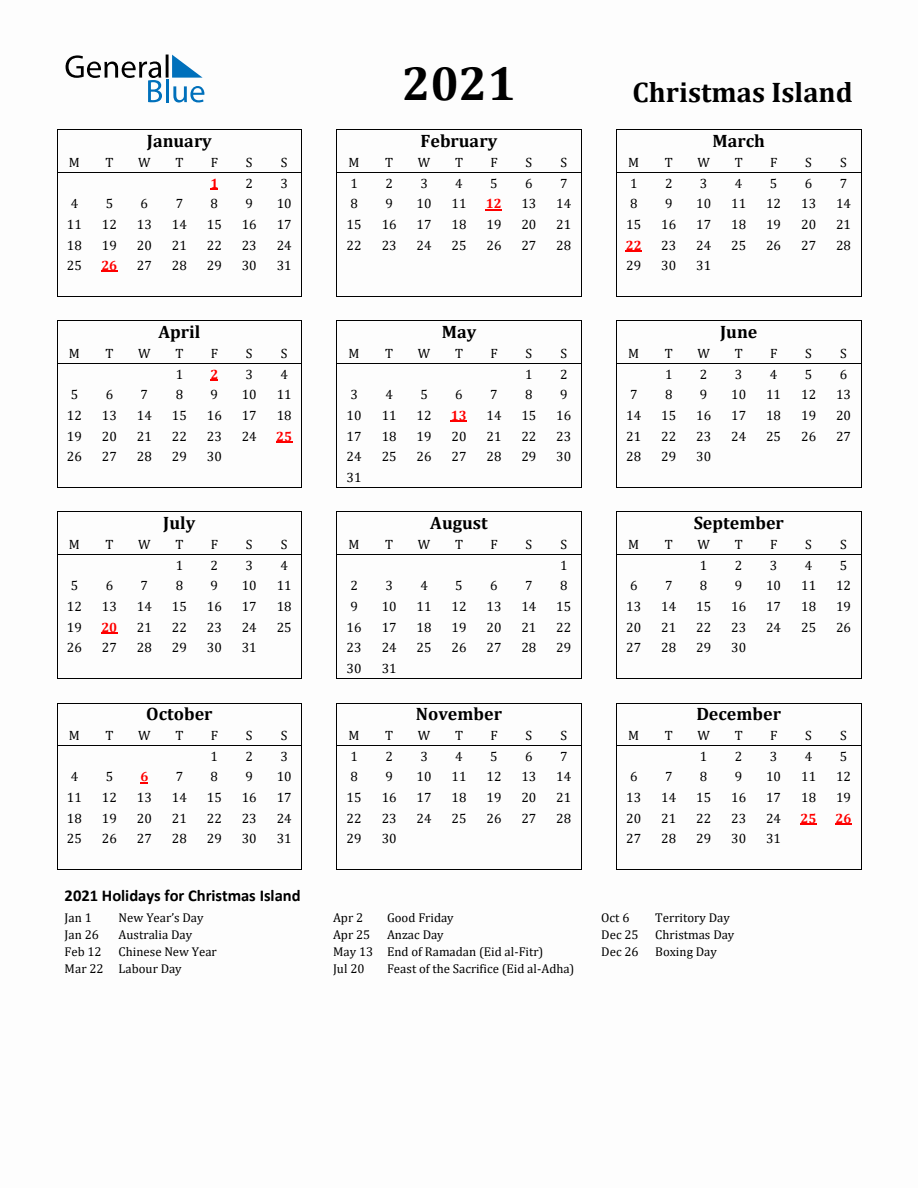 Free Printable 2021 Christmas Island Holiday Calendar