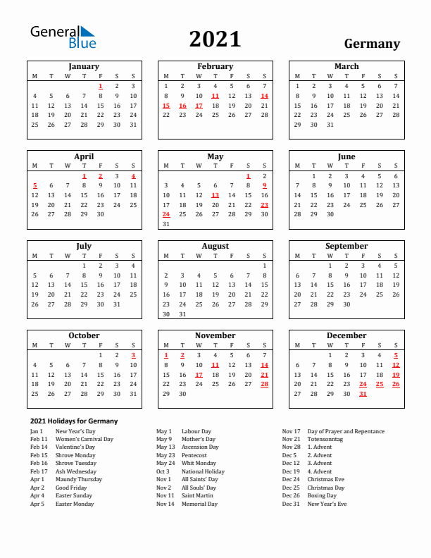 2021 Germany Holiday Calendar - Monday Start