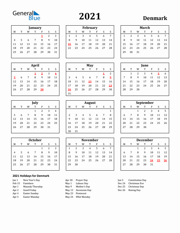 2021 Denmark Holiday Calendar - Monday Start