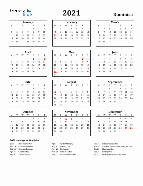 2021 Dominica Holiday Calendar - Monday Start
