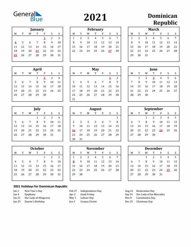 2021 Dominican Republic Holiday Calendar - Monday Start