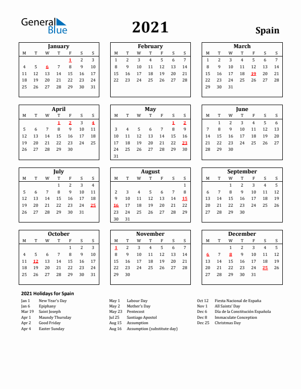 2021 Spain Holiday Calendar - Monday Start