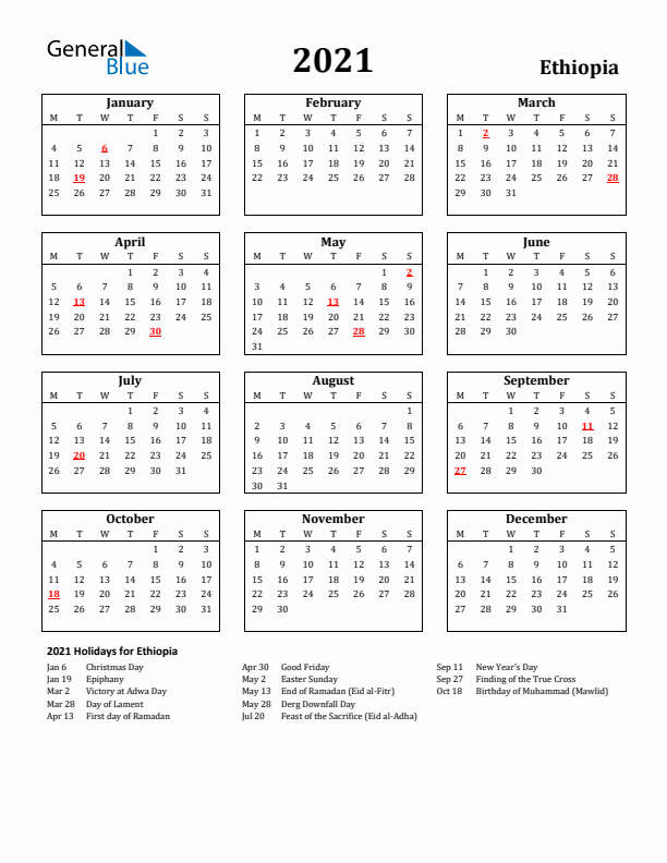 2021 Ethiopia Holiday Calendar - Monday Start