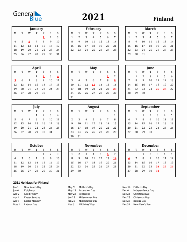 2021 Finland Holiday Calendar - Monday Start