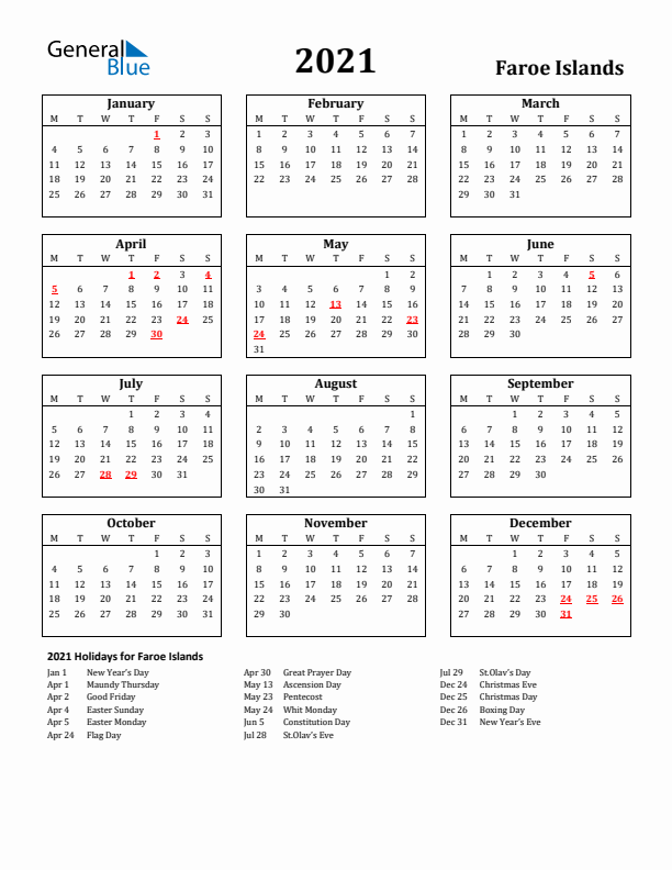 2021 Faroe Islands Holiday Calendar - Monday Start