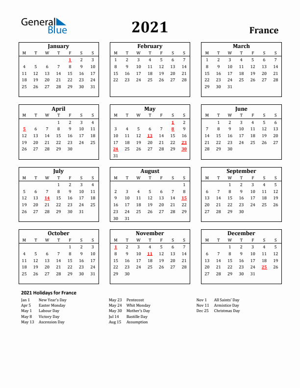 2021 France Holiday Calendar - Monday Start