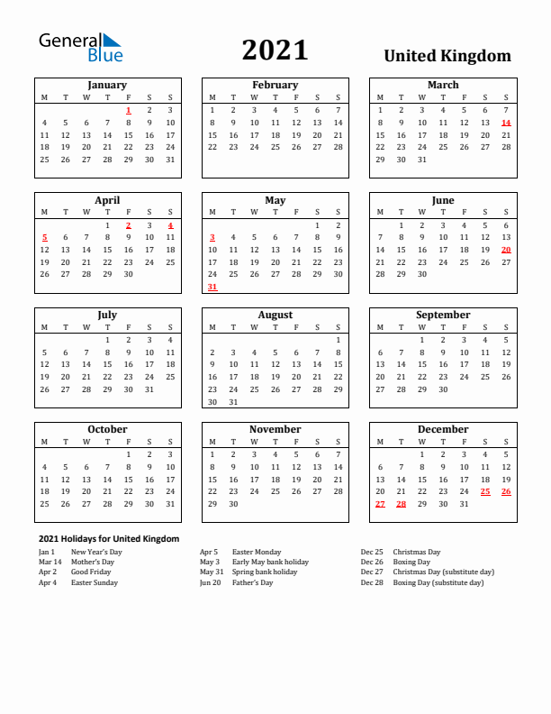 2021 United Kingdom Holiday Calendar - Monday Start
