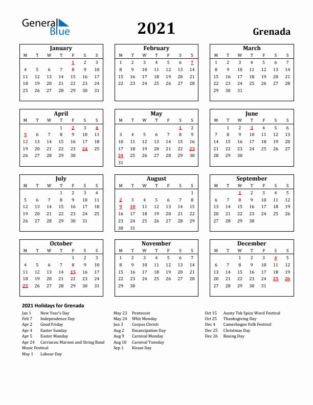 2021 Grenada Holiday Calendar - Monday Start