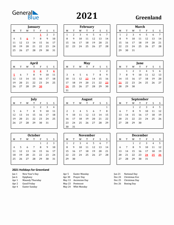 2021 Greenland Holiday Calendar - Monday Start