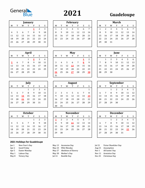 2021 Guadeloupe Holiday Calendar - Monday Start
