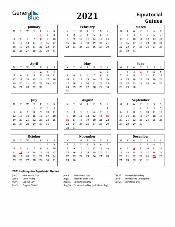 2021 Equatorial Guinea Holiday Calendar - Monday Start