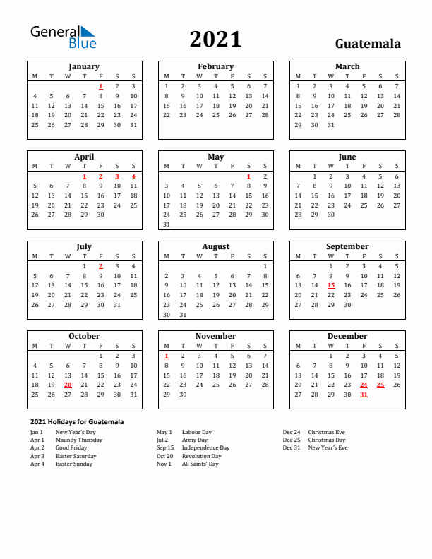2021 Guatemala Holiday Calendar - Monday Start