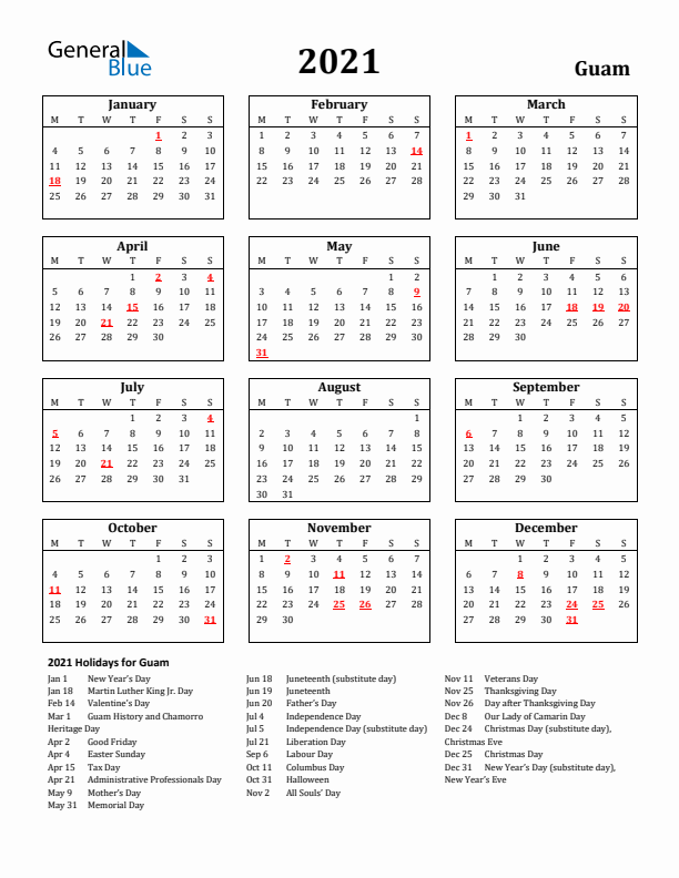 2021 Guam Holiday Calendar - Monday Start