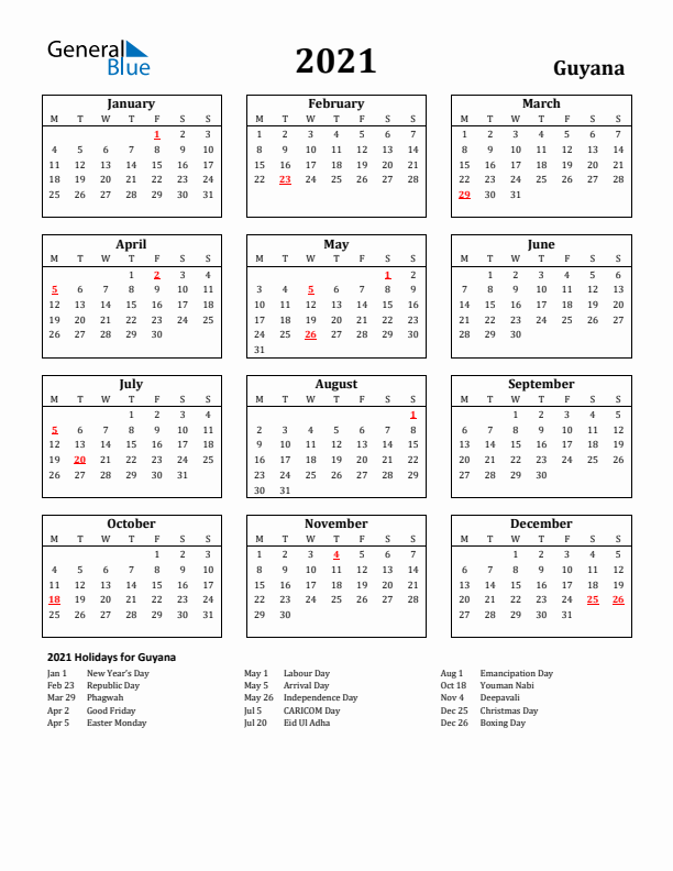 2021 Guyana Holiday Calendar - Monday Start