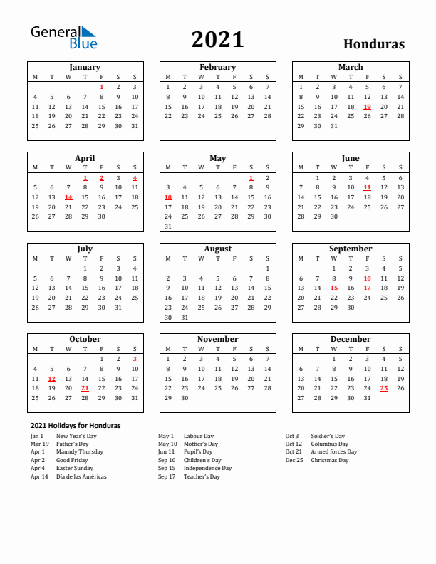 2021 Honduras Holiday Calendar - Monday Start