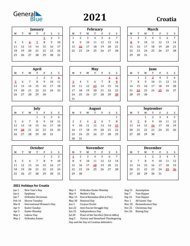 2021 Croatia Holiday Calendar - Monday Start