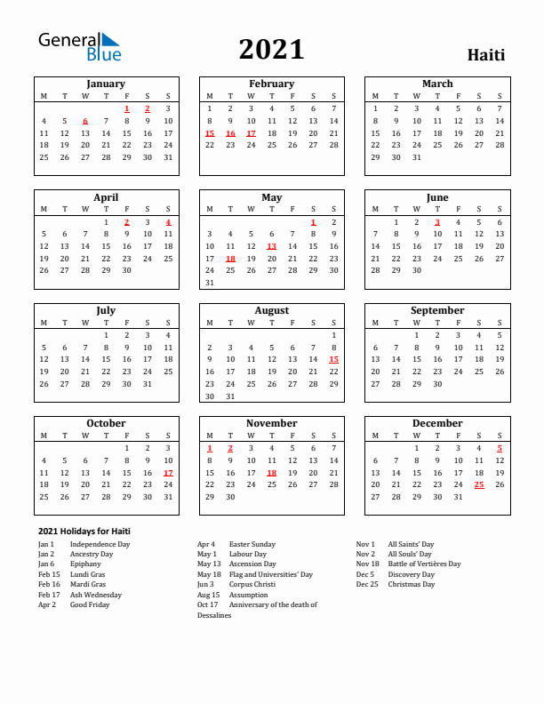 2021 Haiti Holiday Calendar - Monday Start