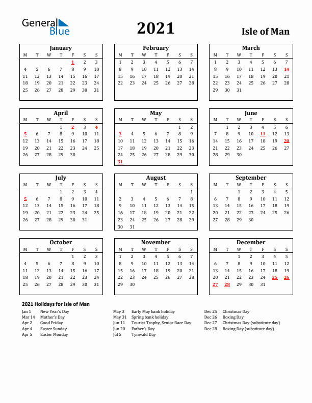 2021 Isle of Man Holiday Calendar - Monday Start