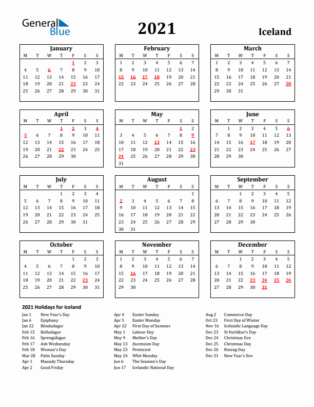 2021 Iceland Holiday Calendar - Monday Start
