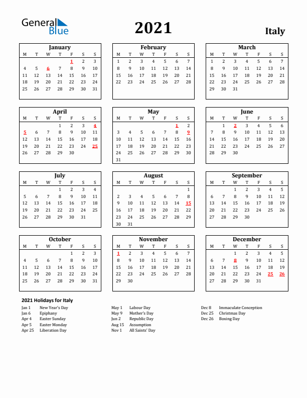 2021 Italy Holiday Calendar - Monday Start