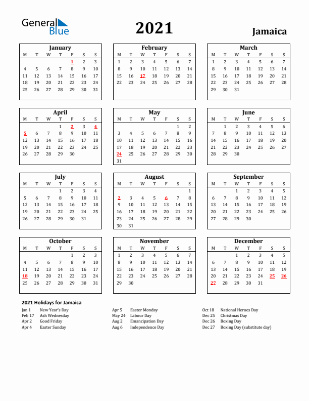 2021 Jamaica Holiday Calendar - Monday Start