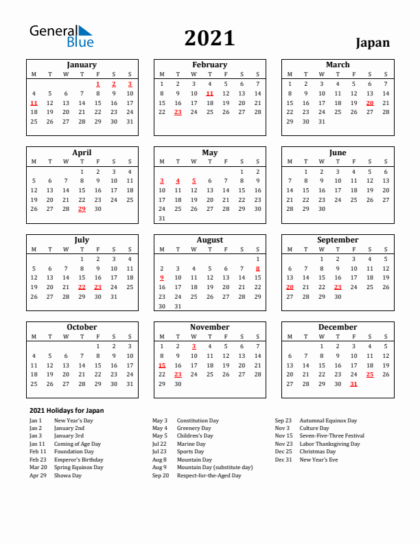 2021 Japan Holiday Calendar - Monday Start