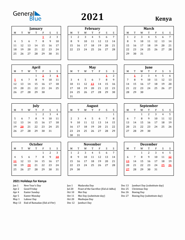 2021 Kenya Holiday Calendar - Monday Start