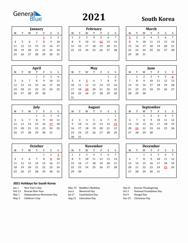 2021 South Korea Holiday Calendar - Monday Start