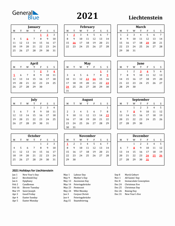 2021 Liechtenstein Holiday Calendar - Monday Start