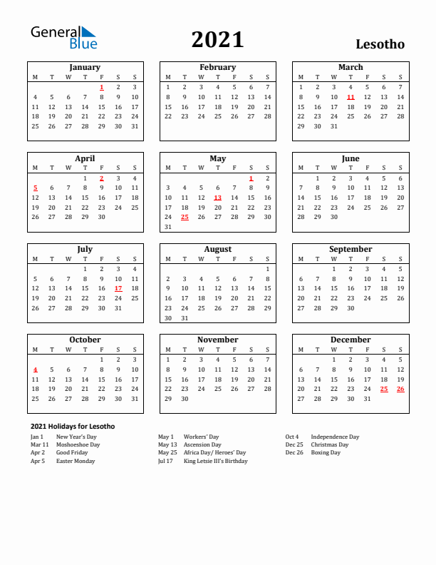2021 Lesotho Holiday Calendar - Monday Start