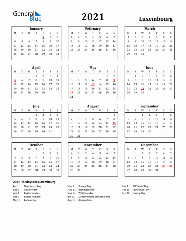 2021 Luxembourg Holiday Calendar - Monday Start