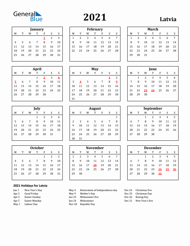 2021 Latvia Holiday Calendar - Monday Start