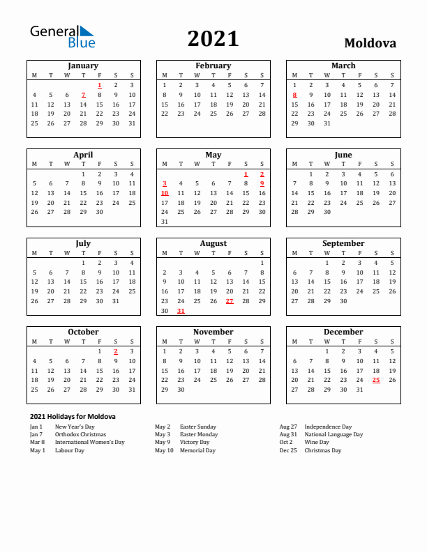 2021 Moldova Holiday Calendar - Monday Start