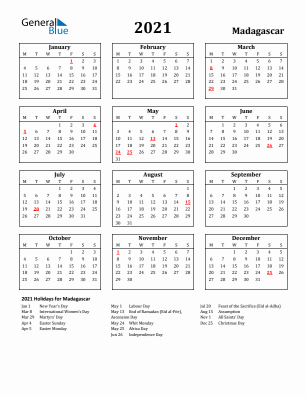 2021 Madagascar Holiday Calendar - Monday Start