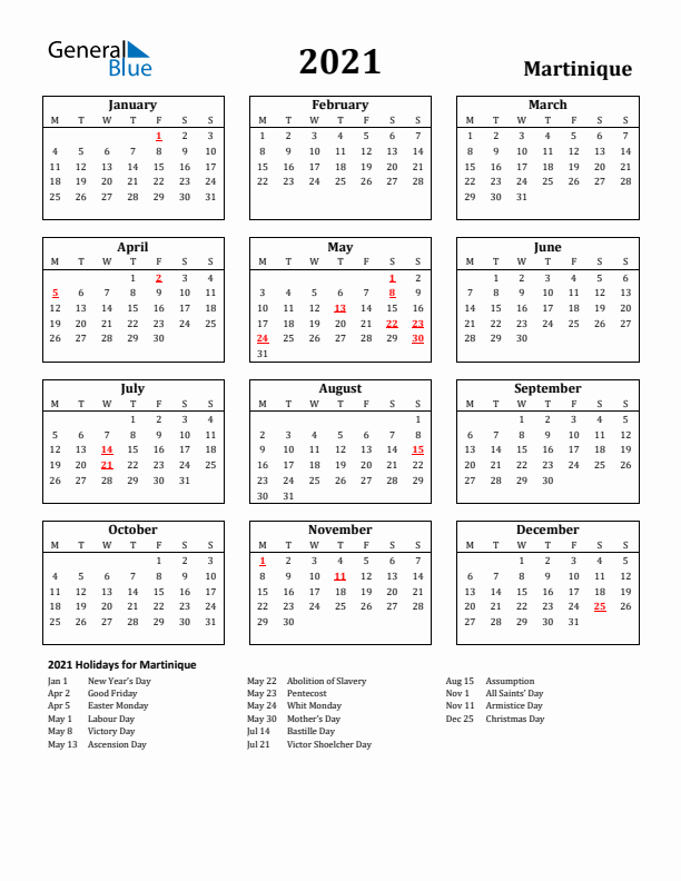 2021 Martinique Holiday Calendar - Monday Start