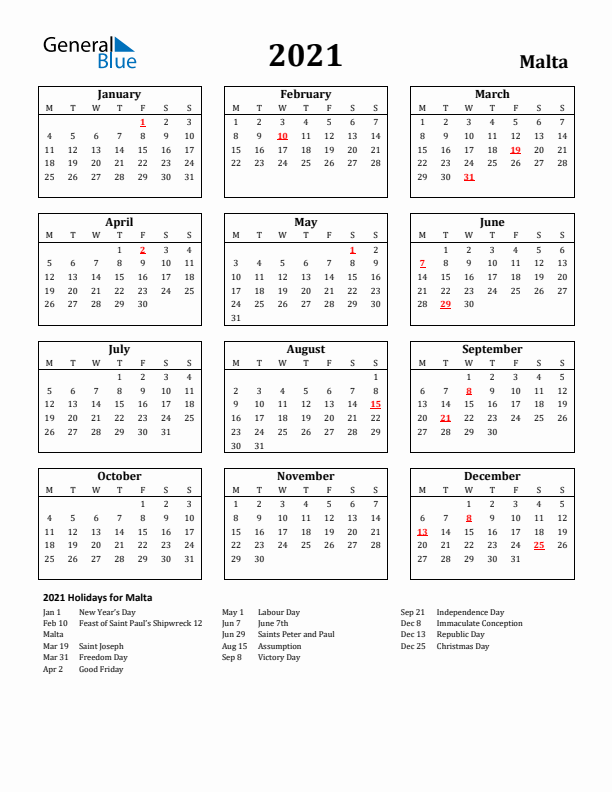 2021 Malta Holiday Calendar - Monday Start