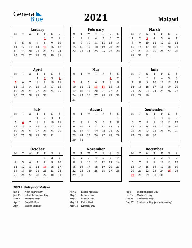 2021 Malawi Holiday Calendar - Monday Start