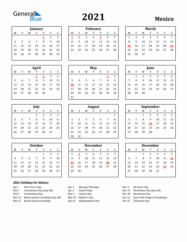 2021 Mexico Holiday Calendar - Monday Start