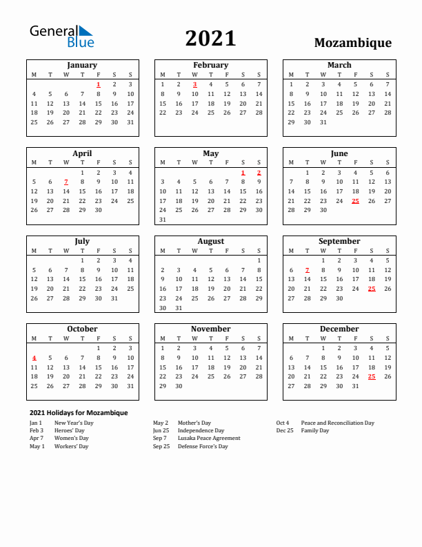 2021 Mozambique Holiday Calendar - Monday Start