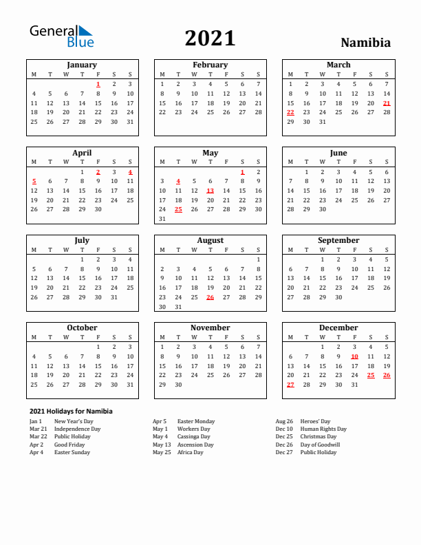 2021 Namibia Holiday Calendar - Monday Start