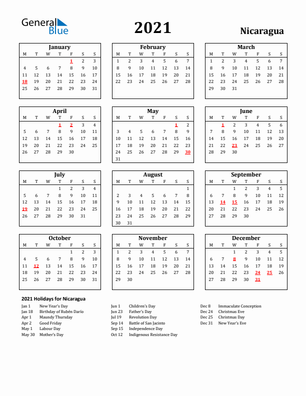 2021 Nicaragua Holiday Calendar - Monday Start
